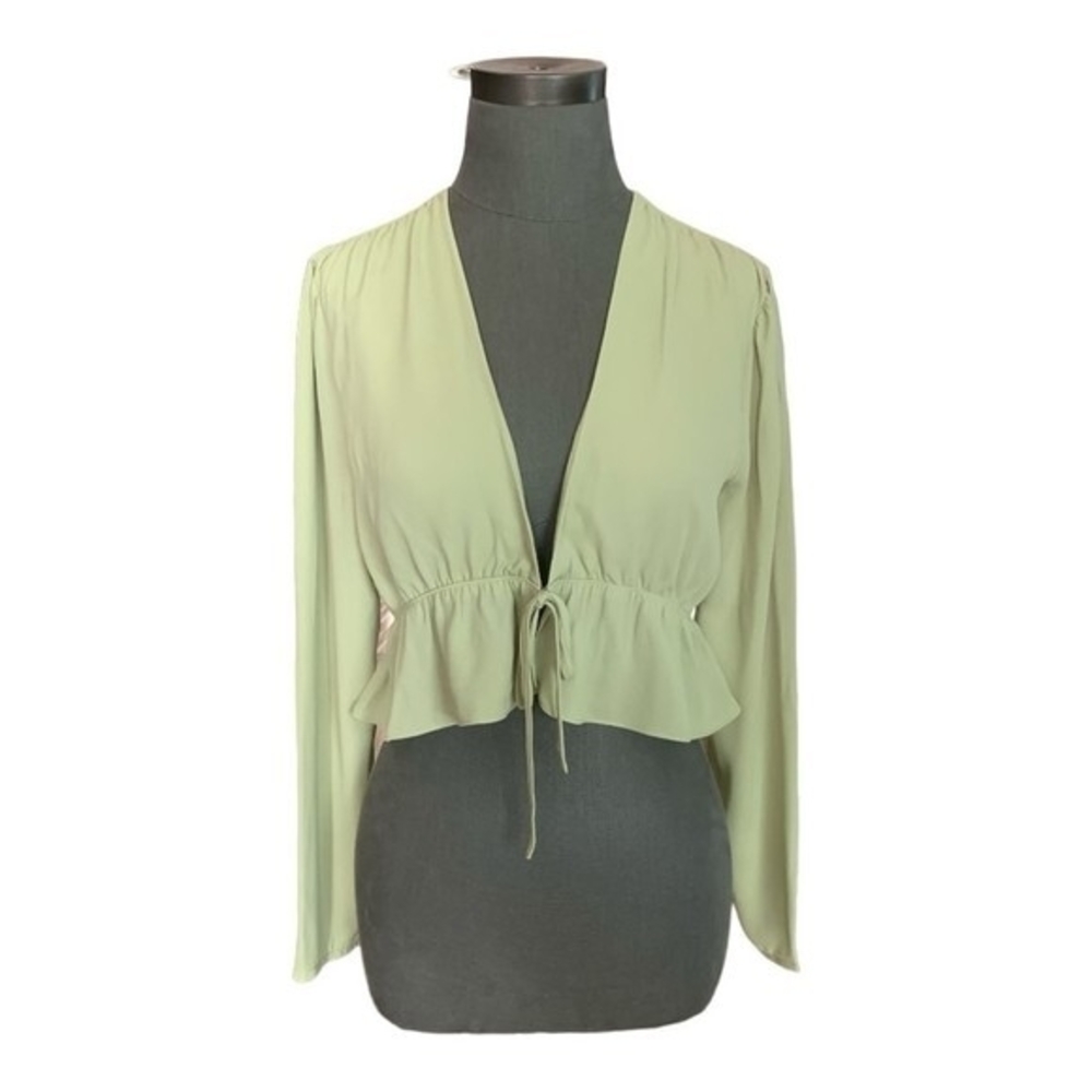 Aritzia Sunday Best Light Green Tie Front Ruffled Blouse M Sheer Long Sleeve VG - Picture 3 of 8